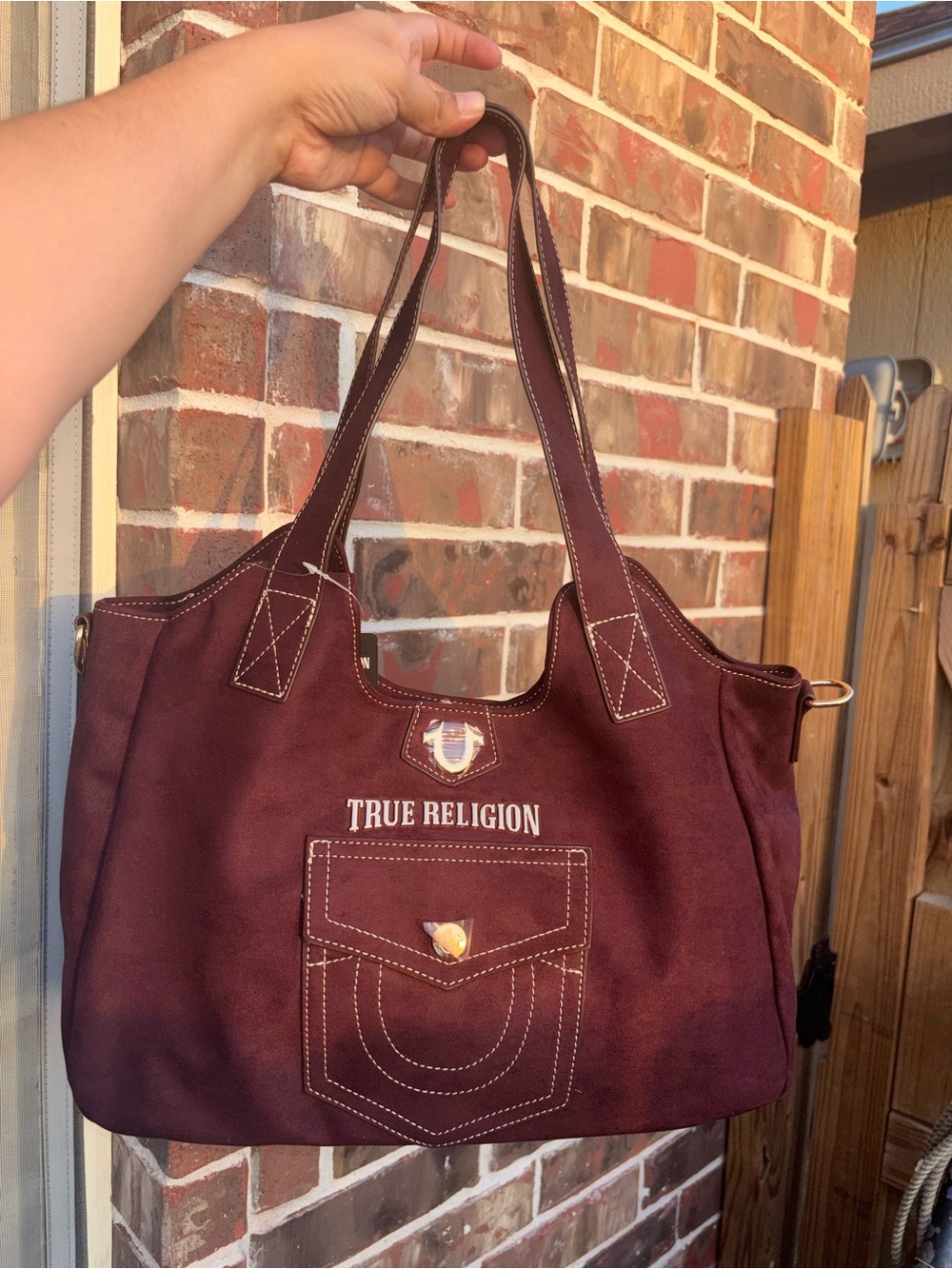 True Religion Maroon Suede Tote Bag with Top Handles